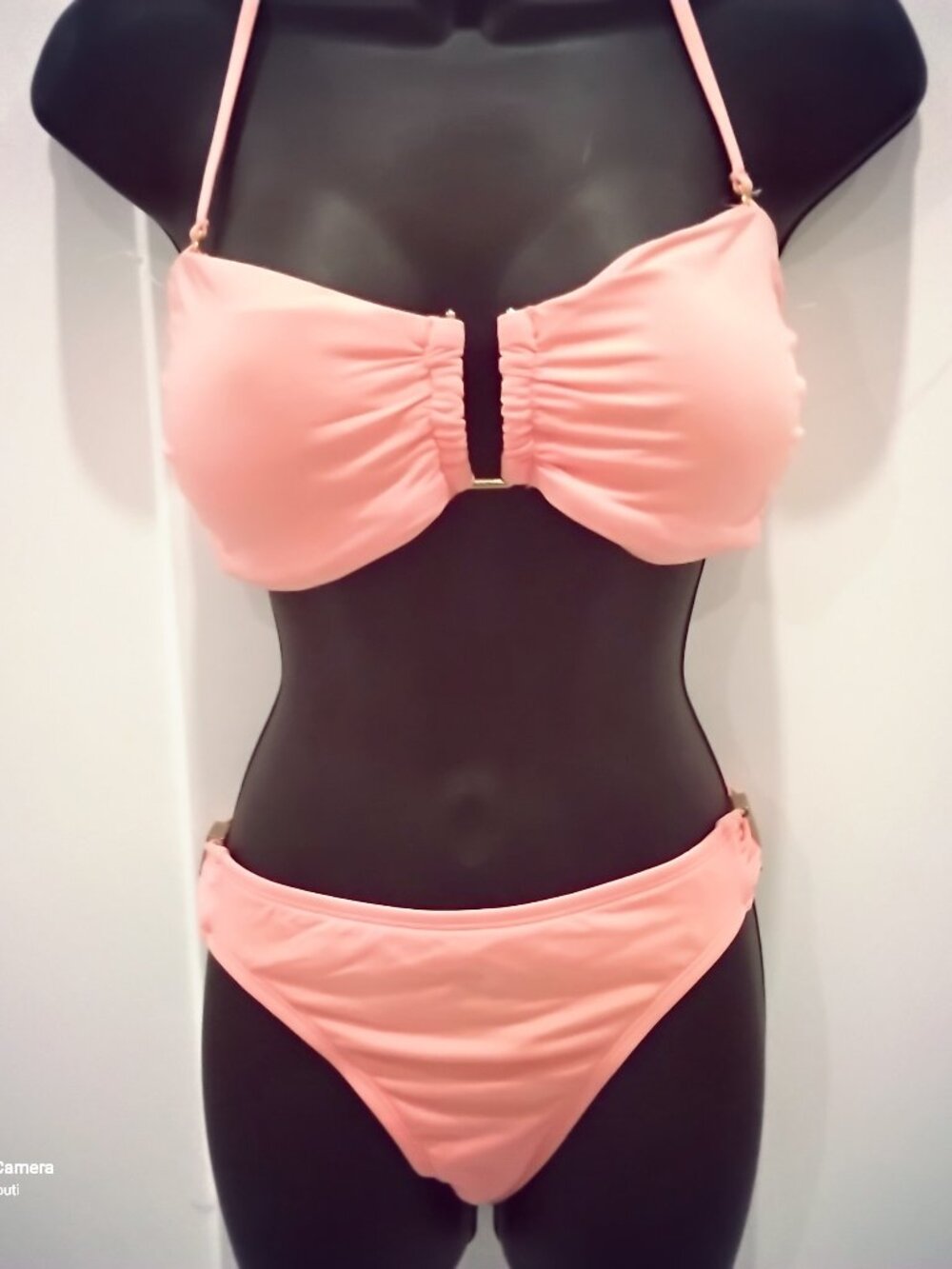 Coral Reef Peach Bar III Bandeau Bikini U-Joint Gold-Tone Halter Set NWT XL